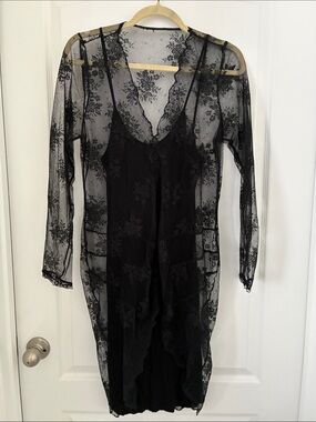 Sheer Lace Long Sleeve Slip Dress - Black